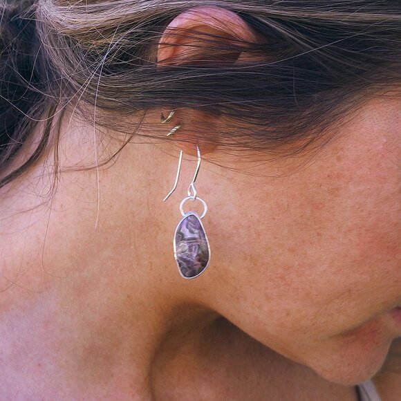 Earthbound Elegance: Crazy Lace Agate Earrings, Handmade by Me, Sterling Silver - Picture 4 of 5